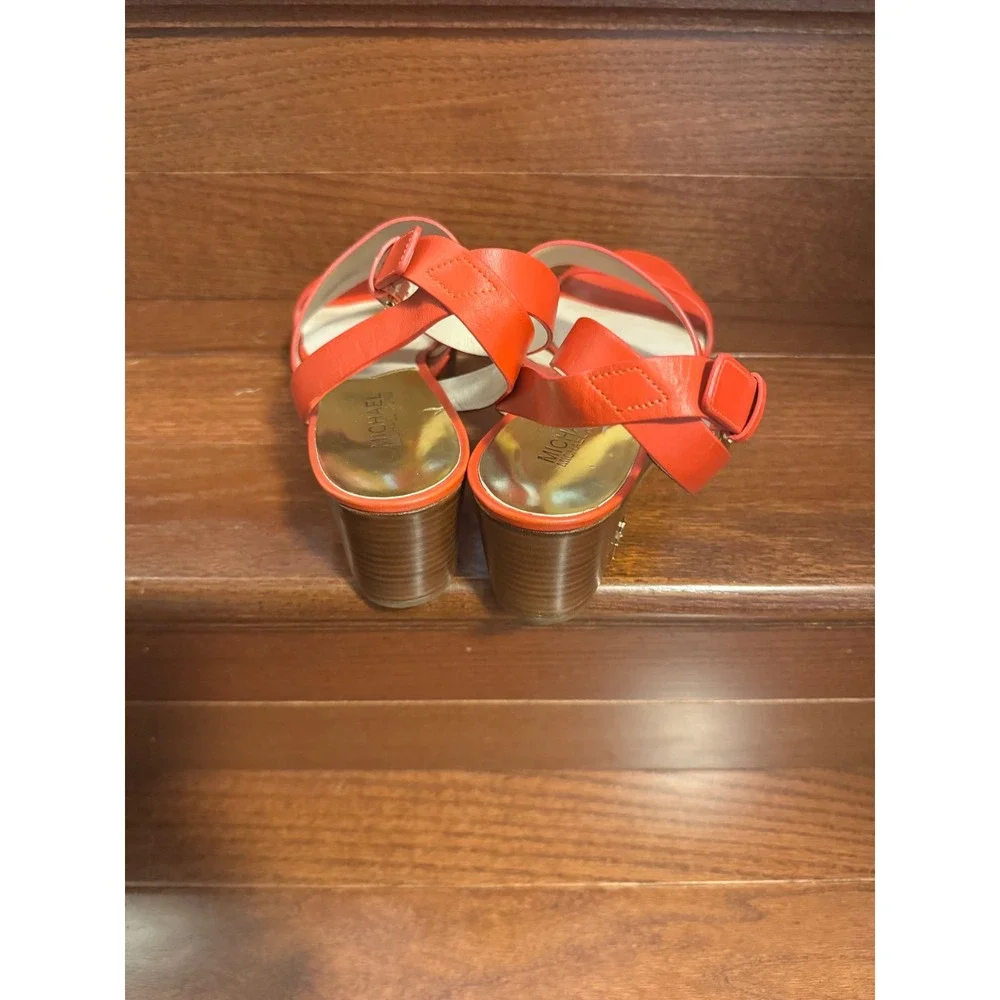 Michael Kors Women's Posey Orange Red Leather Platform Wedge Sandals Sz 8